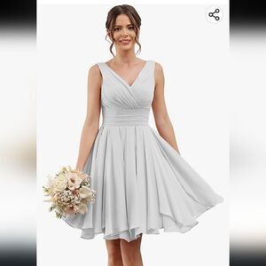 Lavetir White V Neck Cinched Waist Chiffon Flowy Midi Tied Back Dress Size 9